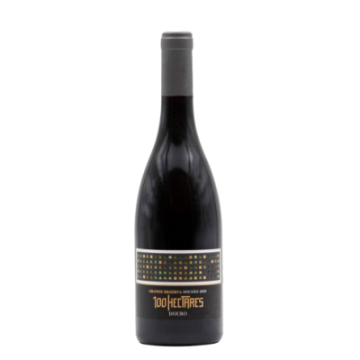 Garrafa de vinho tinto 100 HECTARES Douro com rótulo preto e dourado