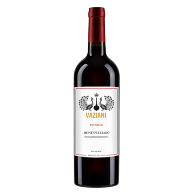 Garrafa de vinho tinto Vaziani com rótulo branco e tampa vermelha