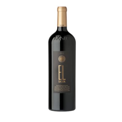 Garrafa de vinho tinto IXSIR EL 2013 com rótulo preto e dourado