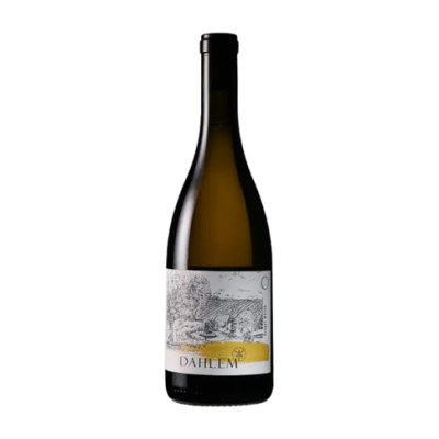 Garrafa de vinho com rótulo DAHLEM em fundo preto
