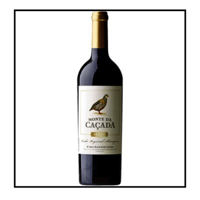 Garrafa de vinho tinto Monte da Caçada com rótulo branco e cápsula dourada