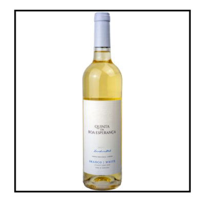 Garrafa de vinho branco Quinta da Boa Esperança com rótulo branco e texto azul e preto