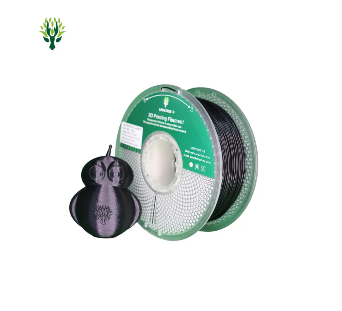 ABS Black - Diâmetro 1,75mm Bobine 1kg - Lotactree Rolo filamento 3D preto com objeto impresso e etiqueta verde