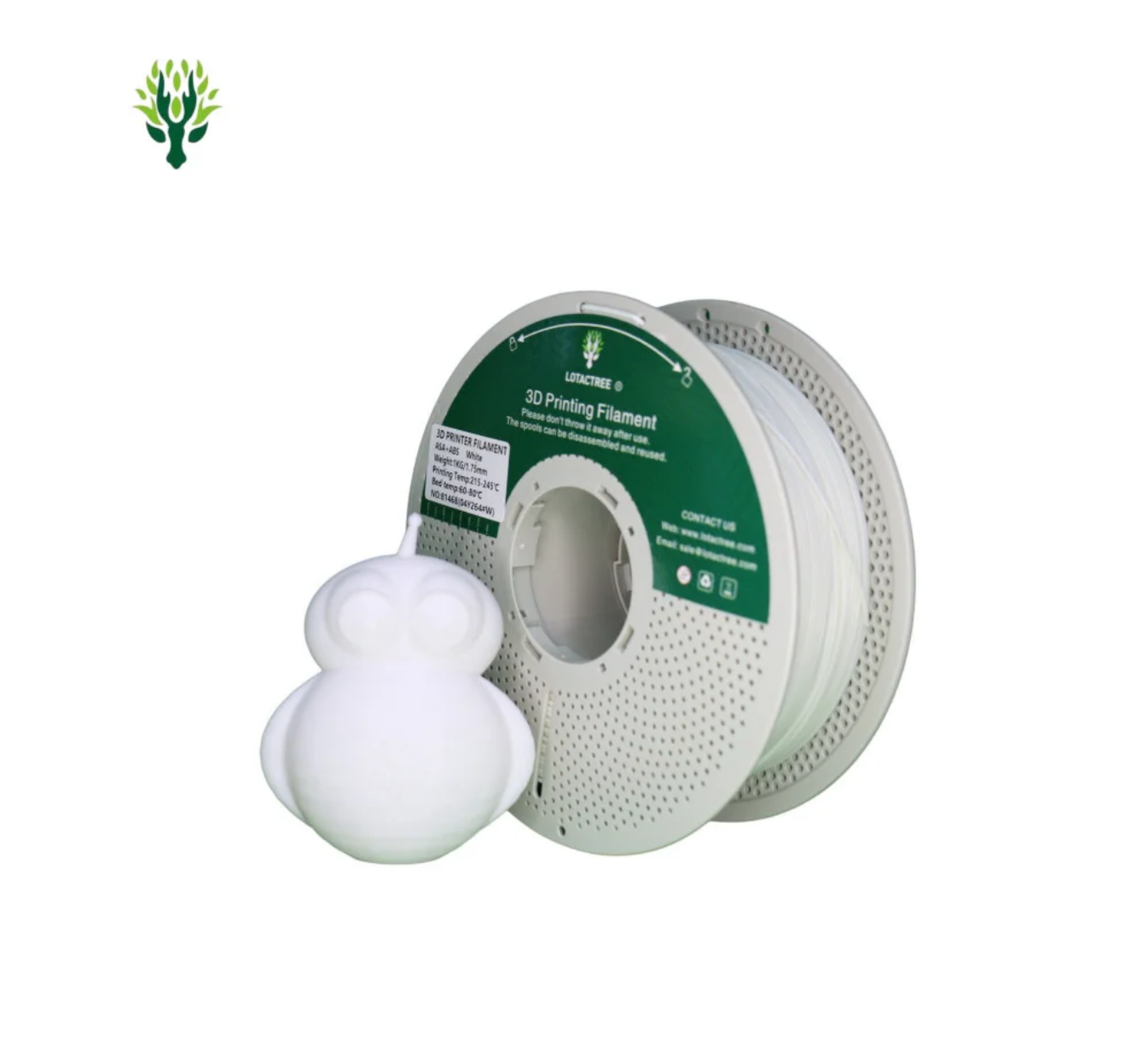 ABS White - Diâmetro 1,75mm Bobine 1kg - Lotactree Rolo de filamento para impressão 3D branco com figura de coruja branca