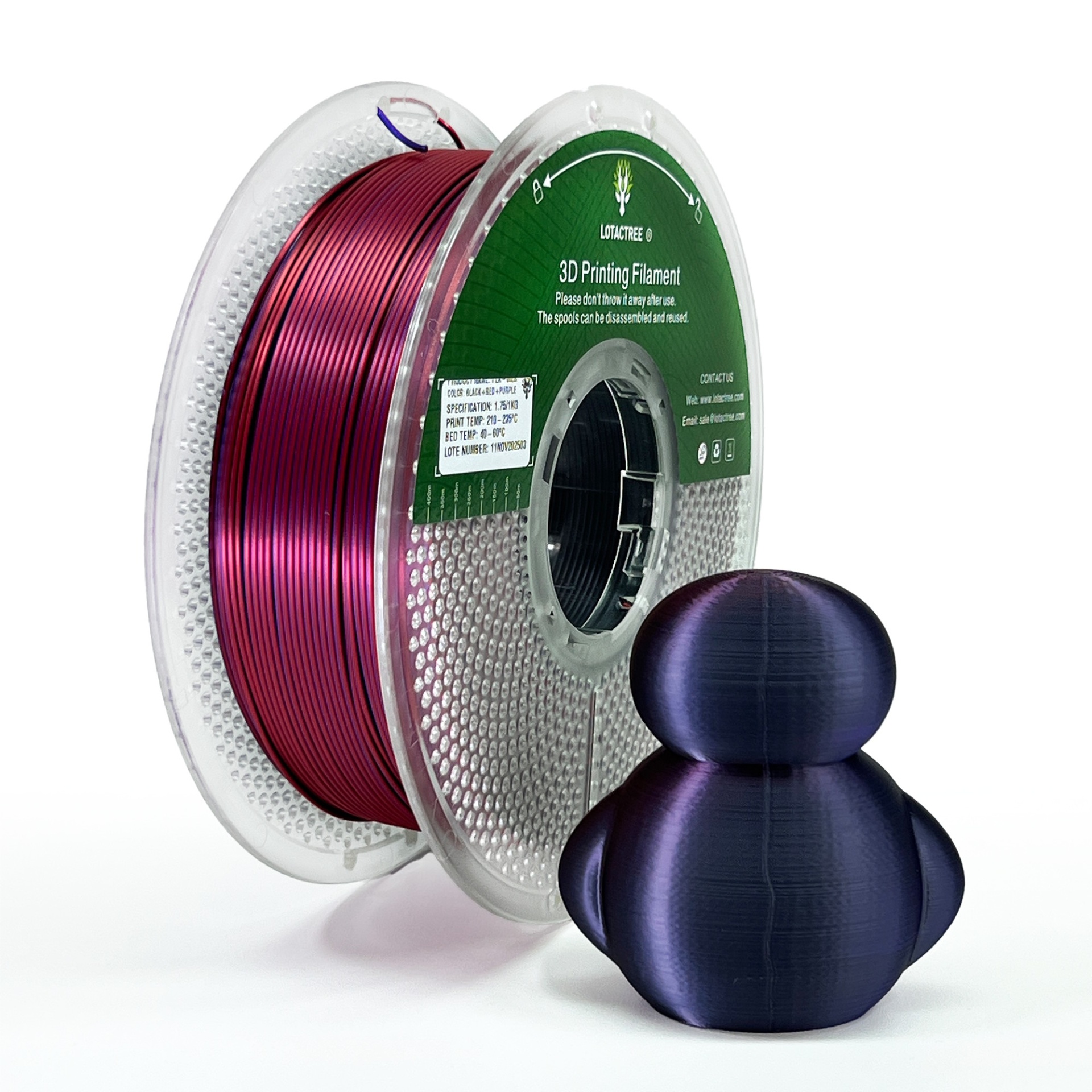 PLA SILK TRICOLOR Black + Red + Purple - Diâmetro 1,75mm Bobine 1kg - Lotactree Carretel de filamento para impressão 3D roxo com objeto impresso roxo metálico