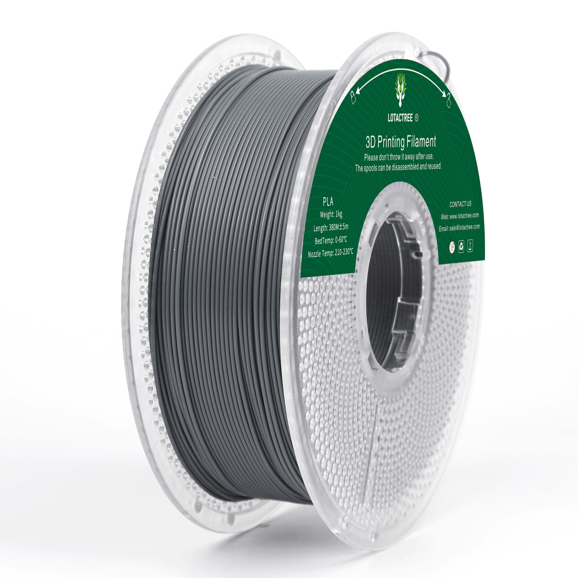 PLA Concrete Grey - Diâmetro 1,75mm Bobine 1kg - Lotactree Rolo de filamento para impressora 3D cinzento escuro com etiqueta verde