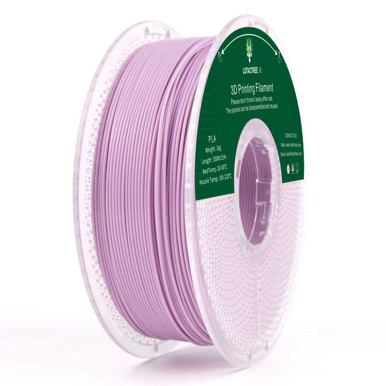 PLA Light Purple - Diâmetro 1,75mm Bobine 1kg - Lotactree Carretel de filamento lilás para impressão 3D com etiquetas verdes