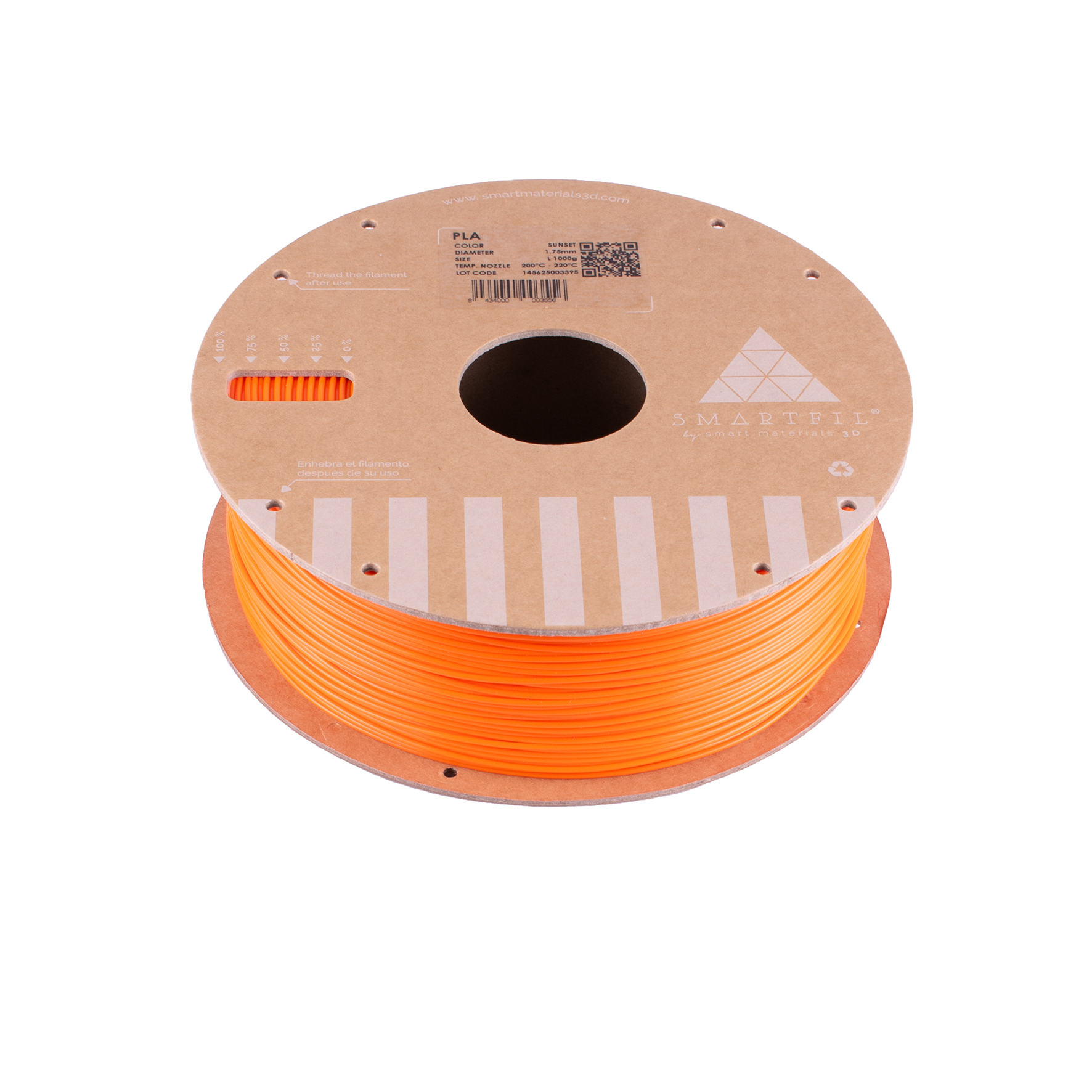 SMARTFIL PLA Sunset - Diâmetro 1,75mm Bobine 1kg - Smart Materials 3D Carretel de filamento laranja para impressora 3D em embalagem de cartão
