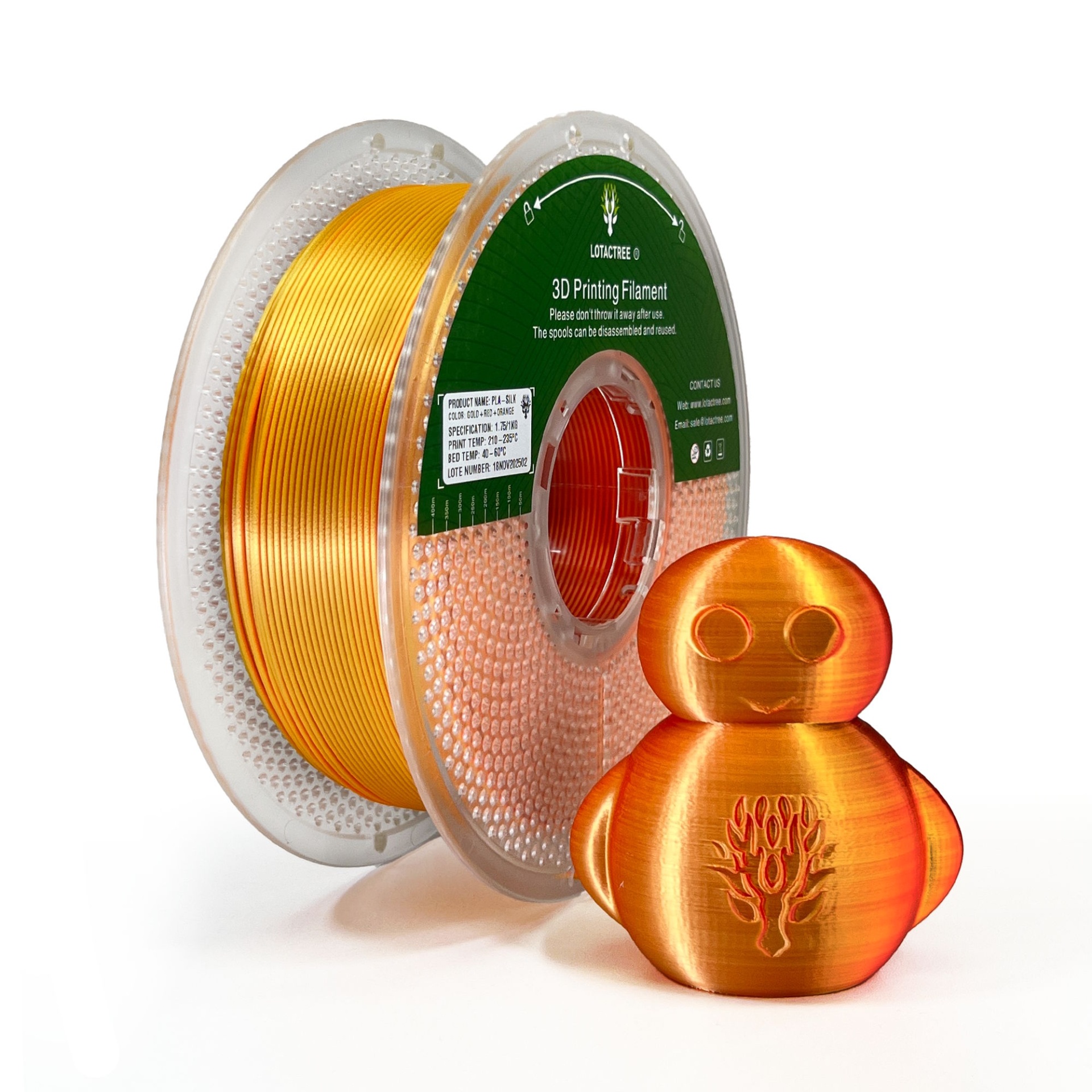 PLA SILK TRICOLOR Red + Orange + Gold - Diâmetro 1,75mm Bobine 1kg - Lotactree Rolo de filamento para impressão 3D dourado e figura impressa dourada com padrão de árvore