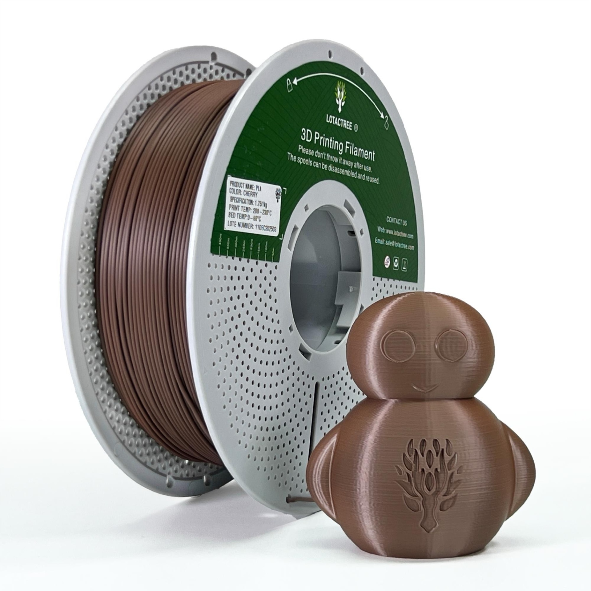PLA Cherry - Diâmetro 1,75mm Bobine 1kg - Lotactree Filamento para impressão 3D castanho com figura impressa em 3D castanha