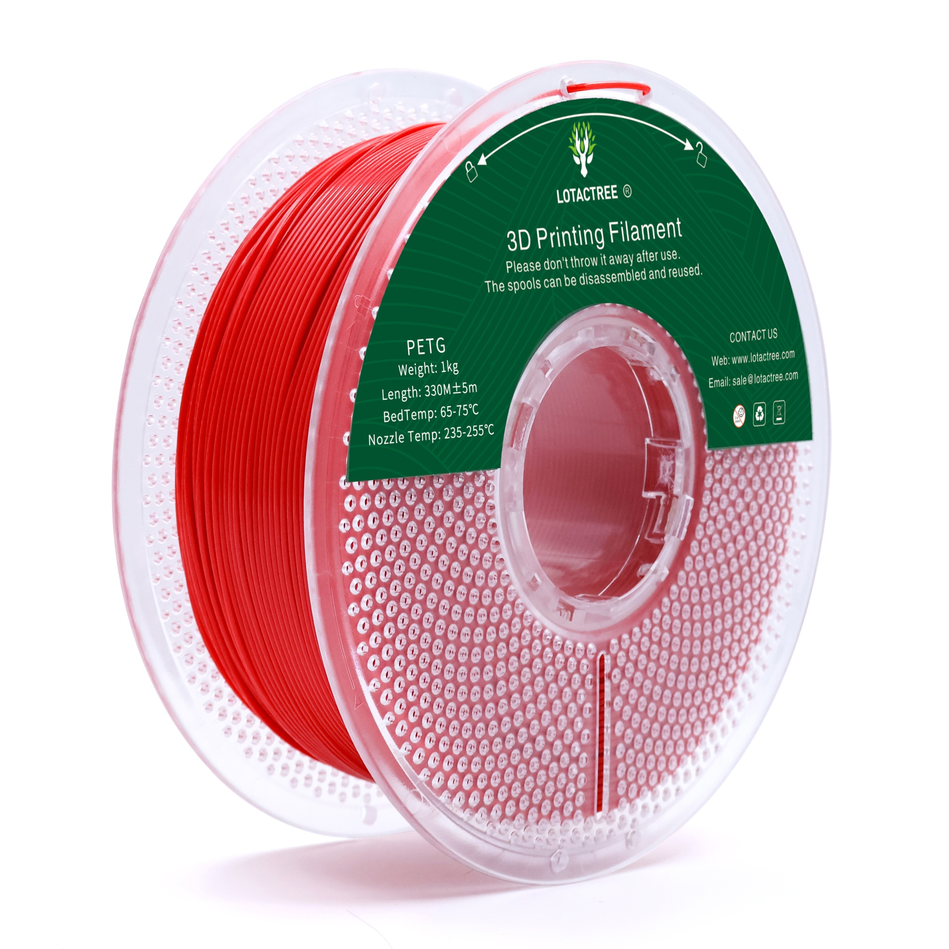 PETG Chinese Red - Diâmetro 1,75mm Bobine 1kg - Lotactree Rolo de filamento PETG vermelho para impressão 3D LOTACTREE em carretilha transparente