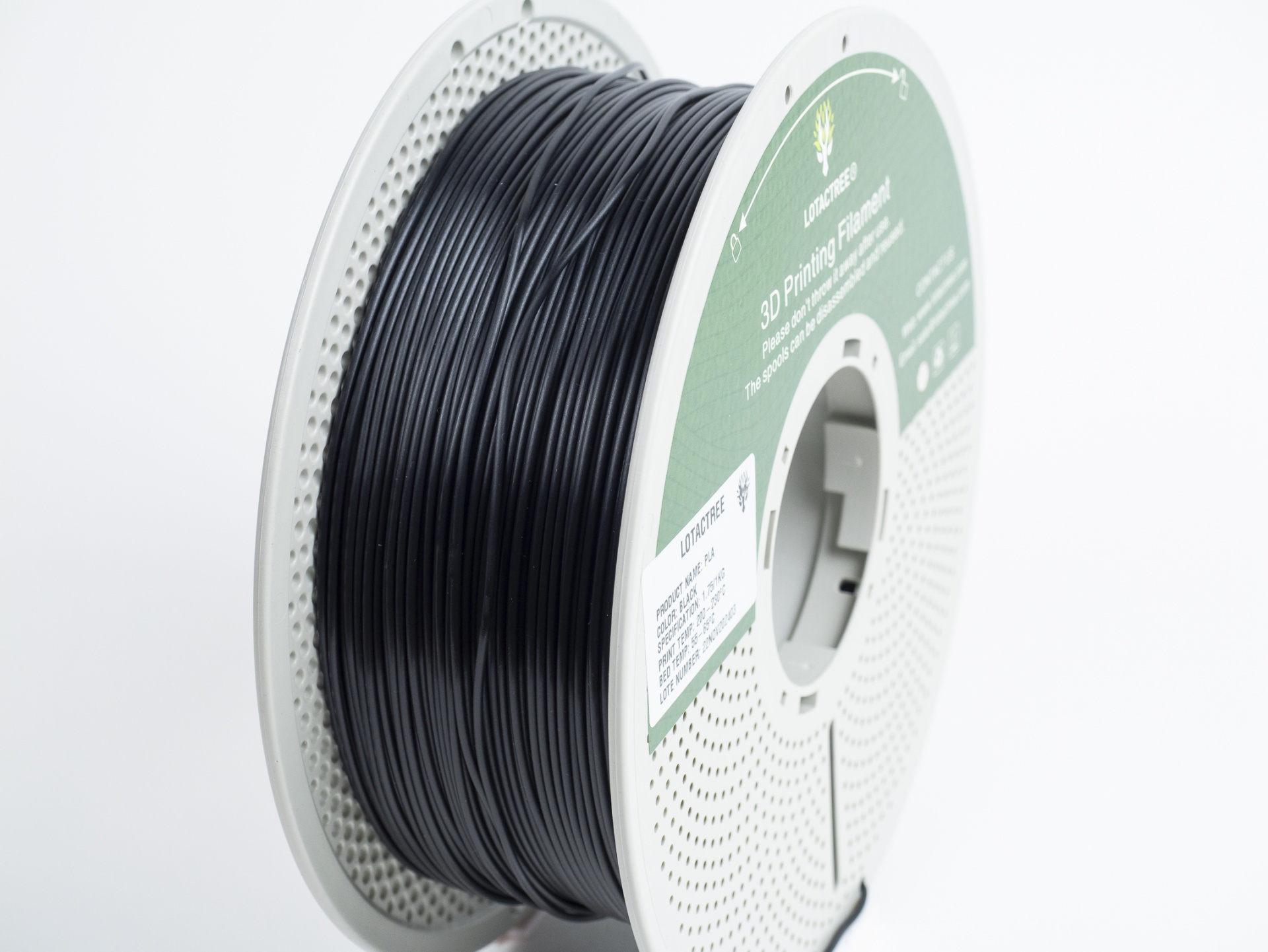 PLA Black - Diâmetro 1,75mm Bobine 1kg - Lotactree Rolo de fio de impressão 3D preto numa bobina branca com rótulo verde