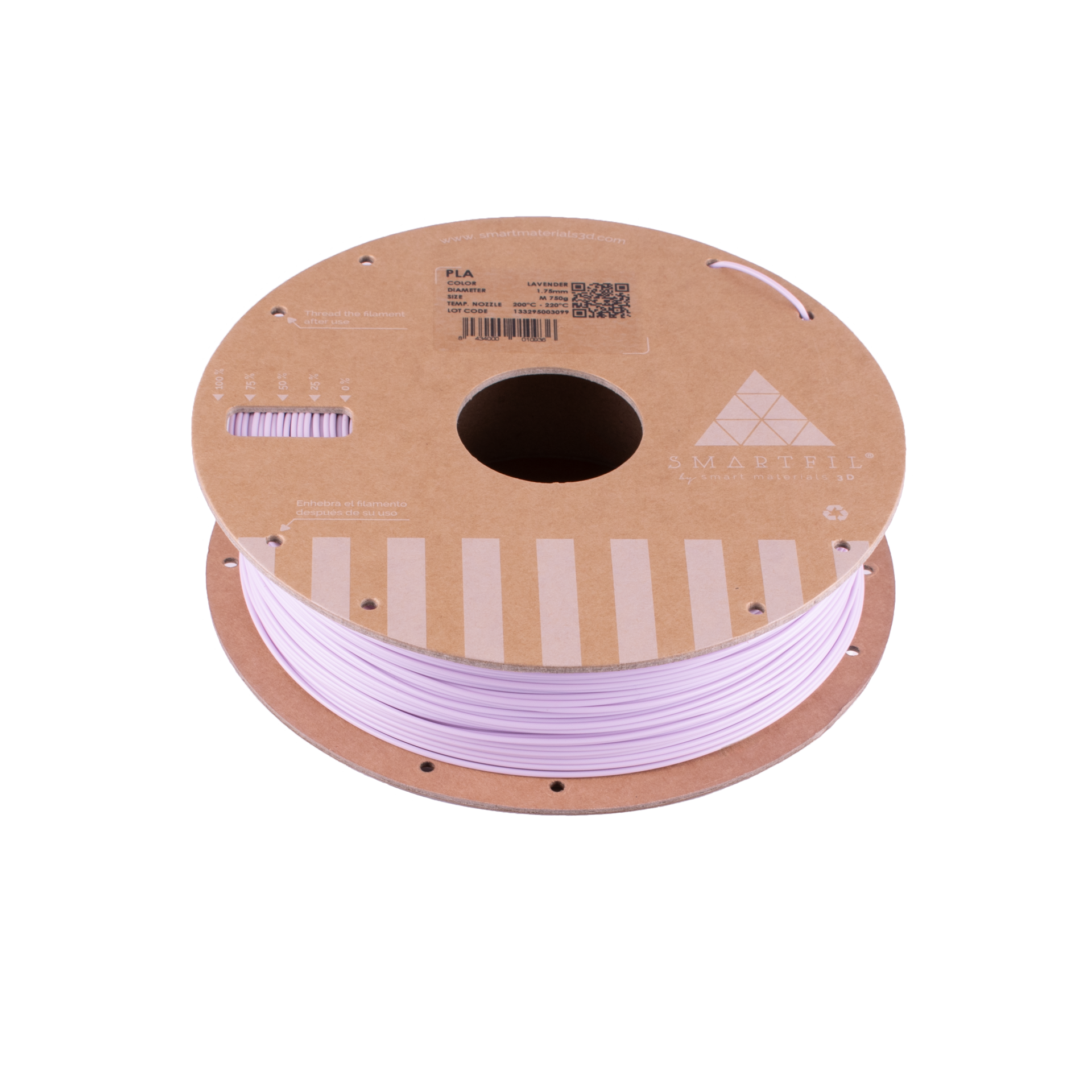 SMARTFIL PLA Pastel Lavender - Diâmetro 1,75mm Bobine 1kg - Smart Materials 3D Rolo de filamento PLA branco para impressora 3D em embalagem de cartão reciclado
