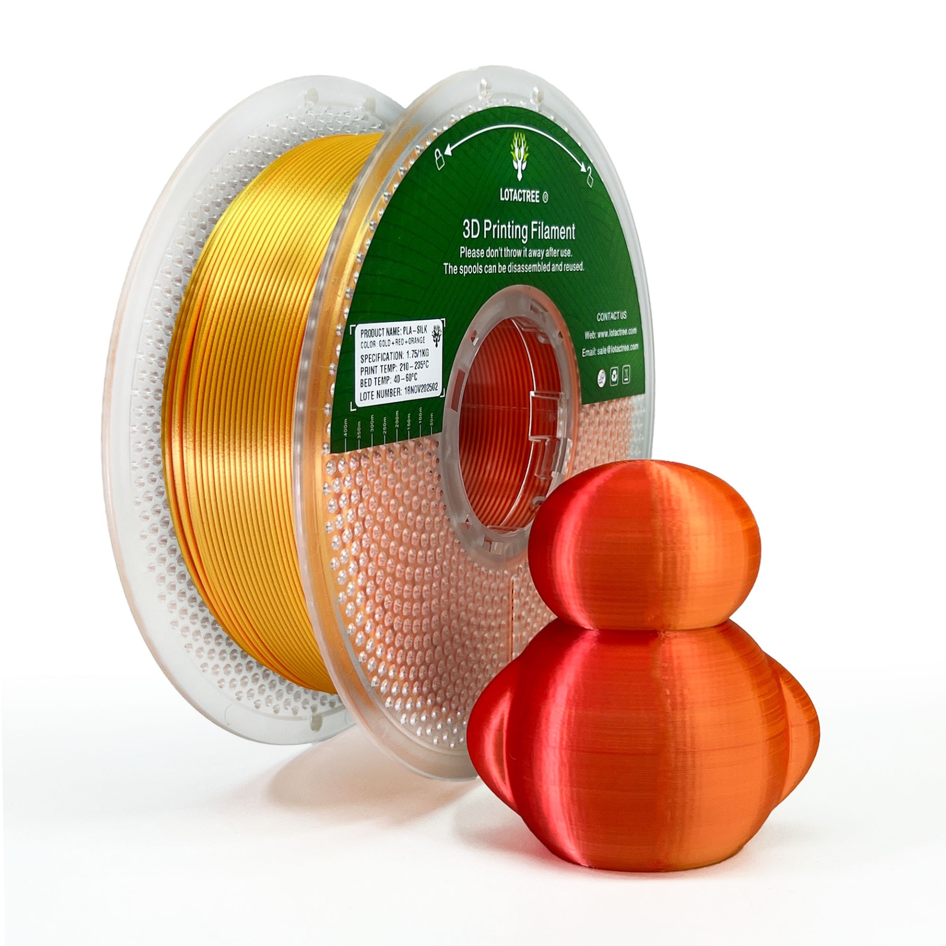 PLA SILK TRICOLOR Red + Orange + Gold - Diâmetro 1,75mm Bobine 1kg - Lotactree Filamento para impressão 3D dourado com figura impressa vermelho e laranja