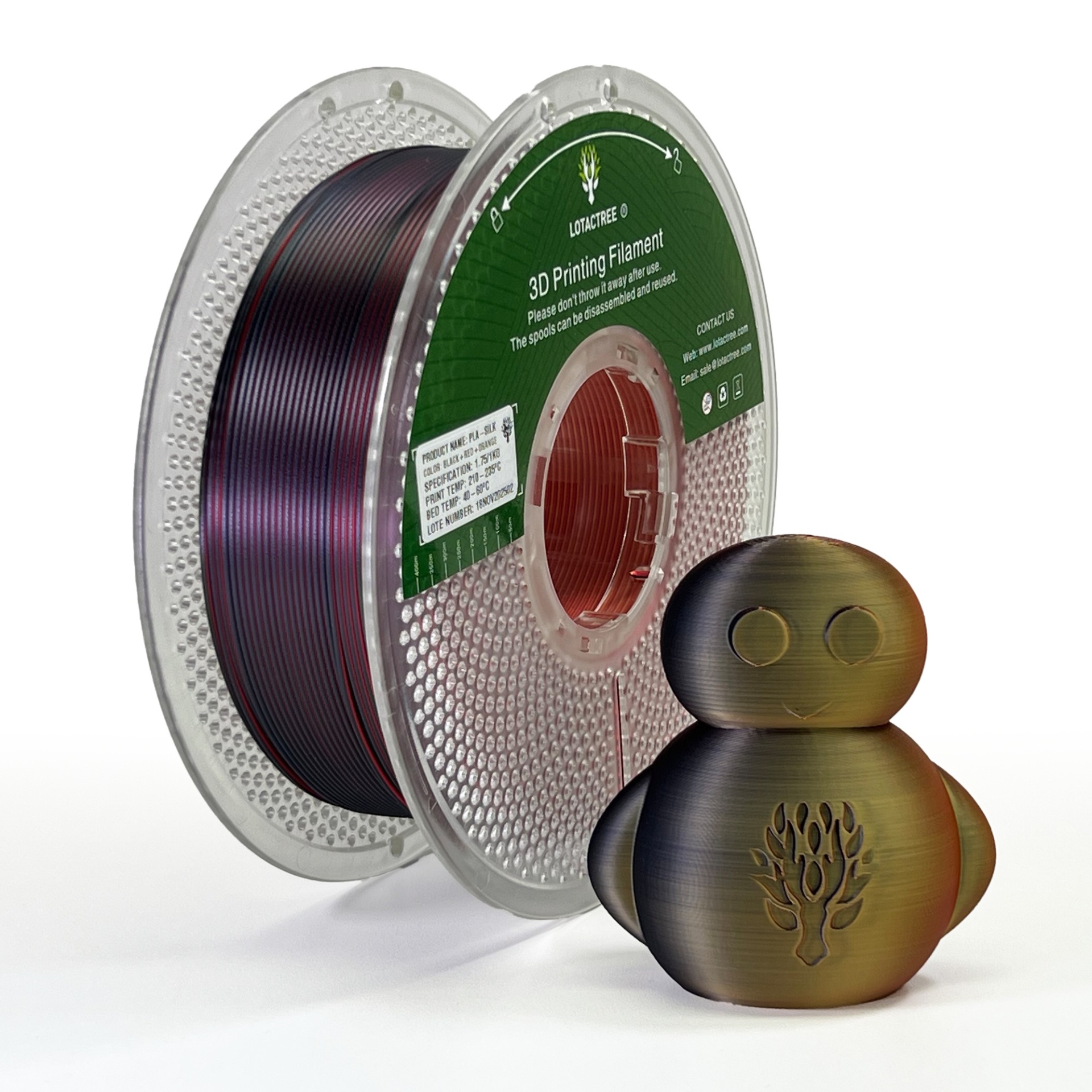 PLA SILK TRICOLOR Black + Red + Orange - Diâmetro 1,75mm Bobine 1kg - Lotactree Rolo de filamento para impressão 3D e boneco impresso em 3D em tons dourados