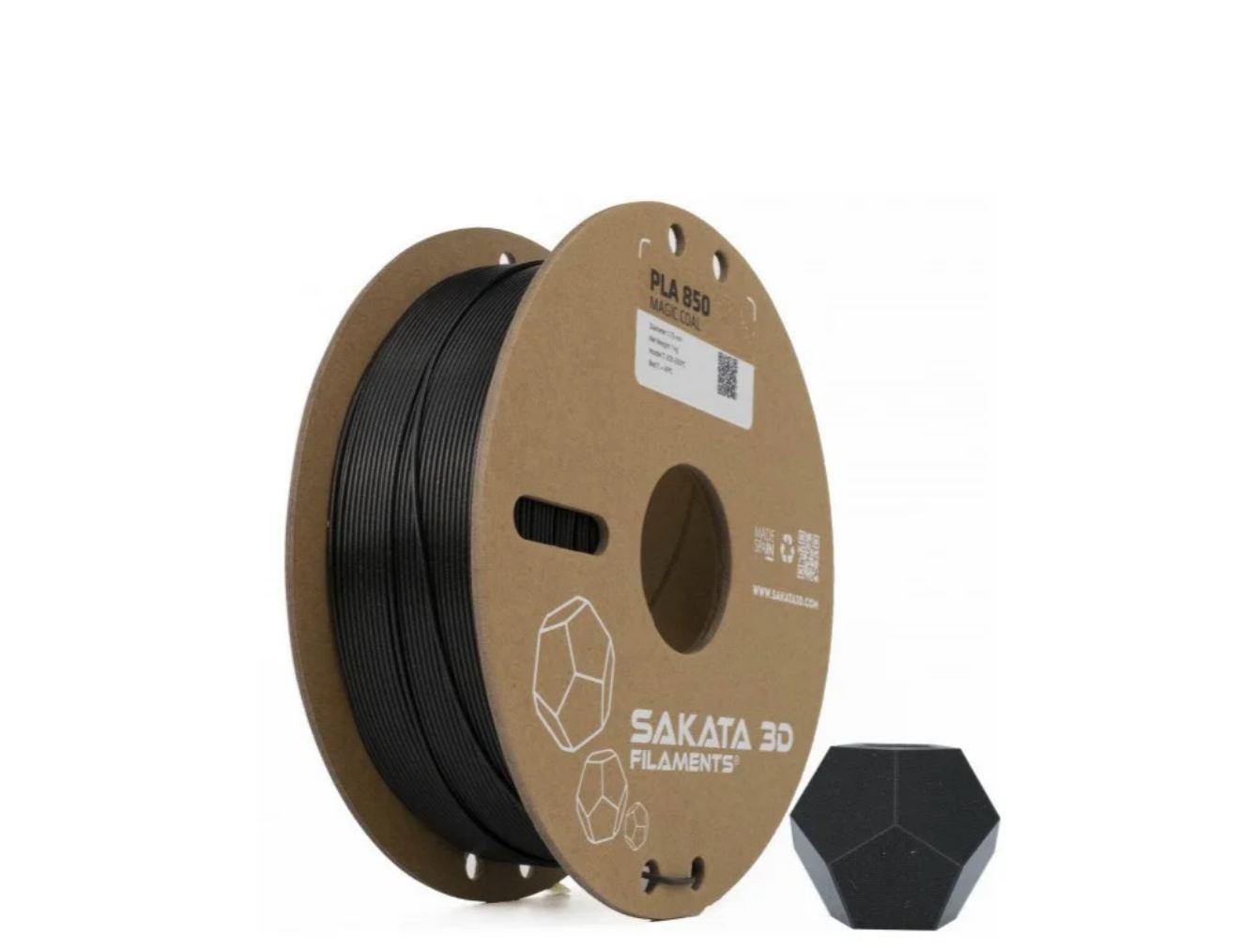 PLA 850 MAGIC COAL Diâmetro 1,75mm Bobine 1kg - Sakata 3D Rolo de filamento PLA preto para impressão 3D com embalagem em cartão castanho