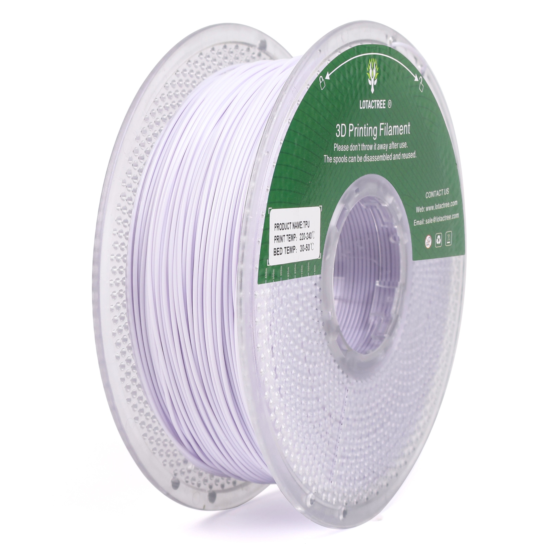 TPU 95A Snowy White - Diâmetro 1,75mm Bobine 1kg - Lotactree Rolo de filamento branco para impressão 3D com rótulo verde e embalagem plástica transparente