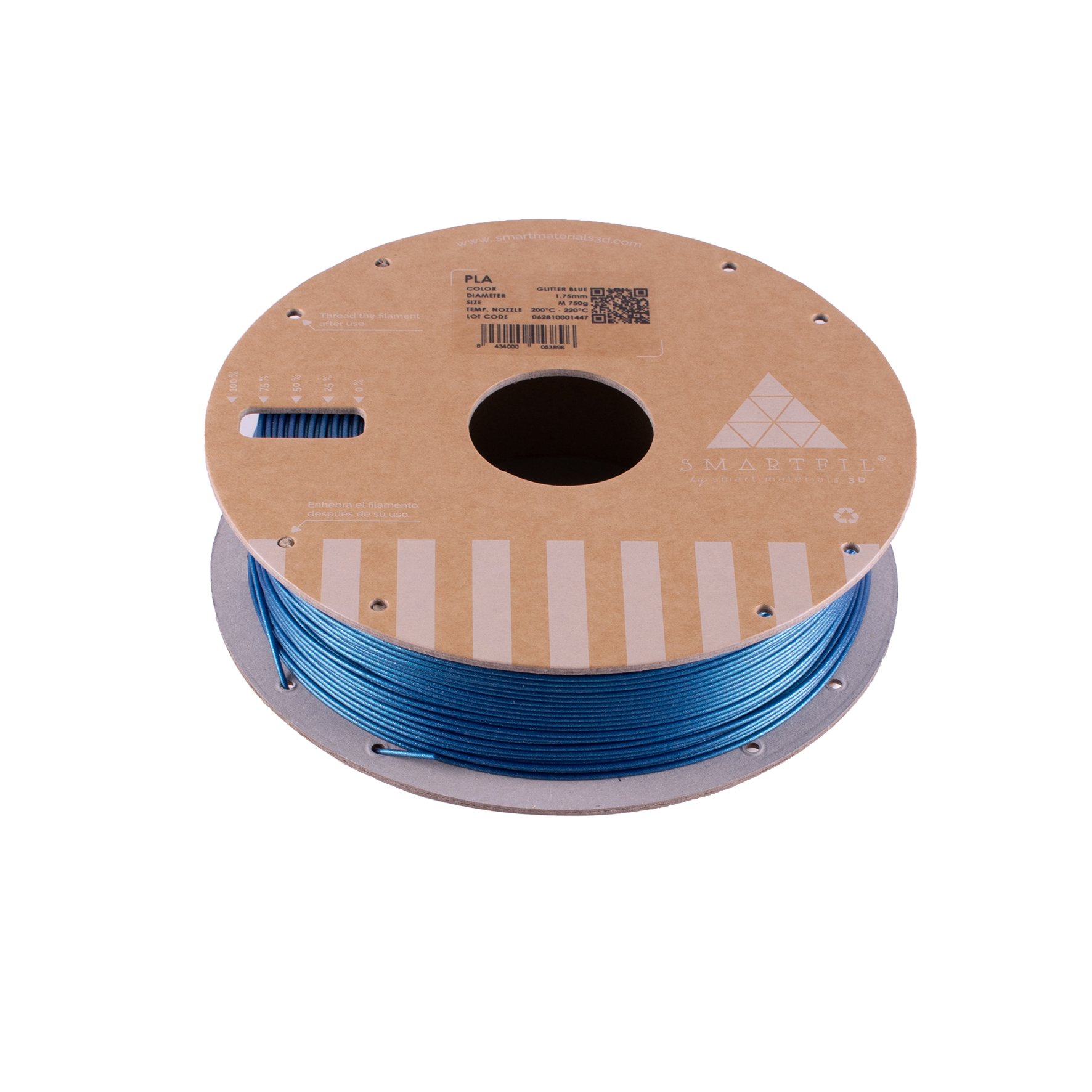 SMARTFIL PLA Glitter Blue - Diâmetro 1,75mm Bobine 1kg - Smart Materials 3D Bobina de filamento PLA azul para impressora 3D com rótulo em cartão