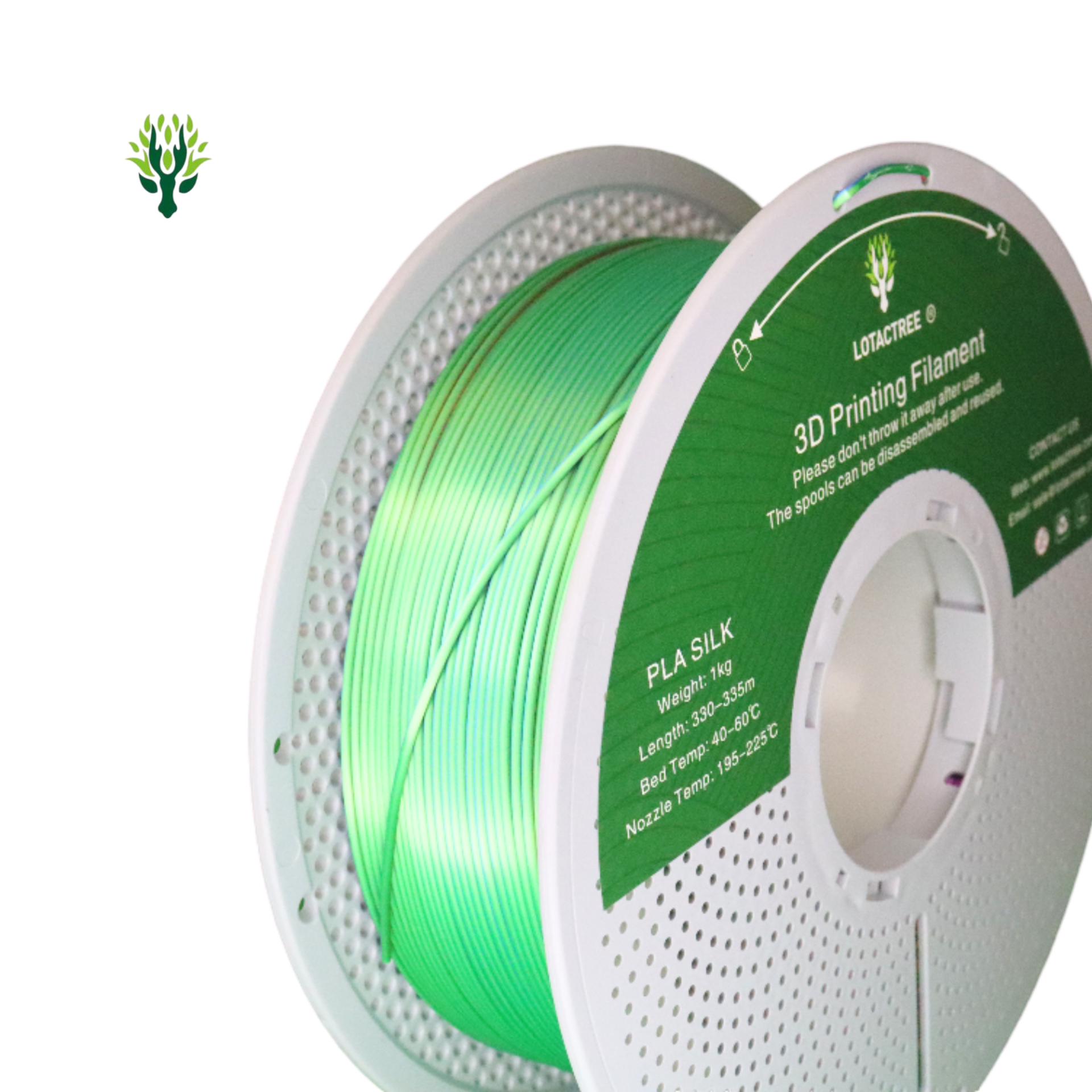 PLA SILK TRICOLOR Rose Red Green Sky Blue - Diâmetro 1,75mm Bobine 1kg - Lotactree Carretel de filamento verde para impressão 3D PLA Silk com etiqueta verde e branca