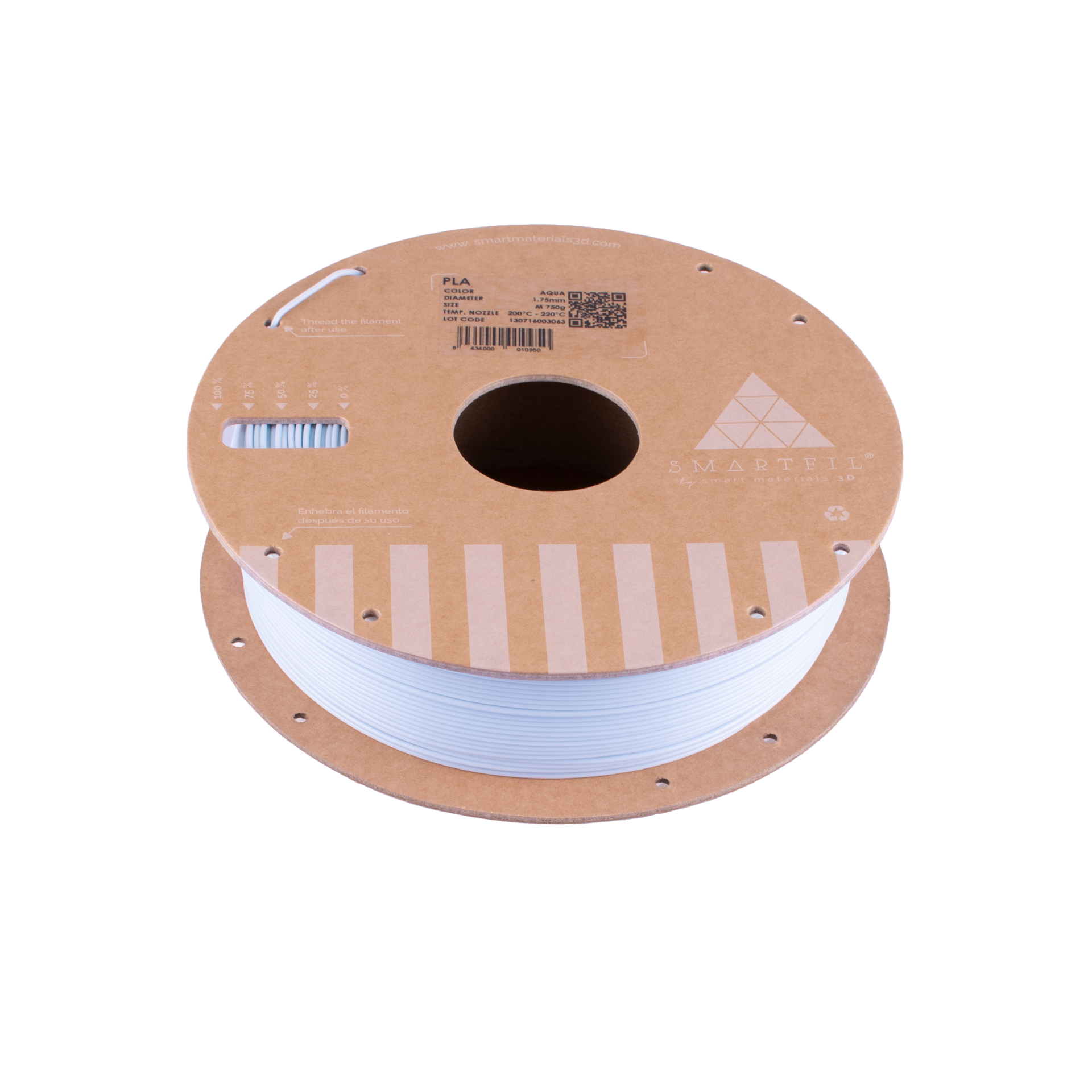 SMARTFIL PLA Pastel Aqua - Diâmetro 1,75mm Bobine 1kg - Smart Materials 3D Rolo de filamento PLA branco para impressora 3D em embalagem de cartão