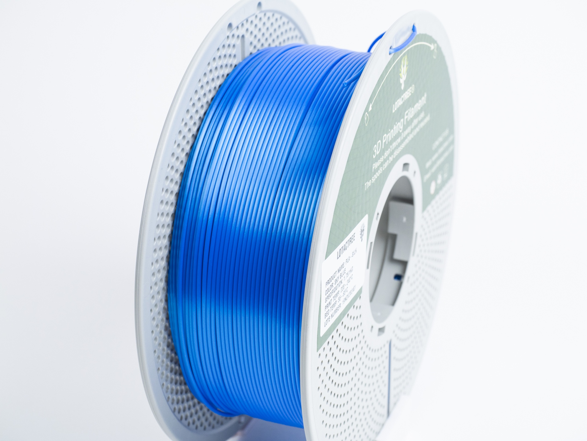 PLA SILK Sky Blue - Diâmetro 1,75mm Bobine 1kg - Lotactree Carretel de filamento azul para impressora 3D com etiqueta verde e branca