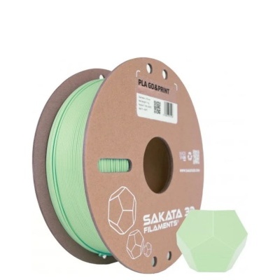 Rolo de filamento PLA verde da SAKATA FILAMENTS com objeto geométrico verde
