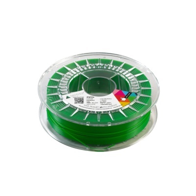 Rolo de filamento 3D PETG verde em bobina transparente com etiqueta branca.