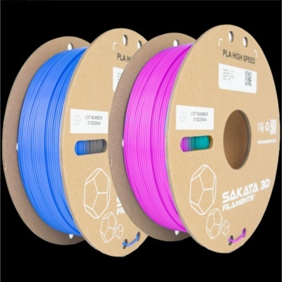 Dois carretéis de filamentos para impressão 3D azul e rosa da SAKATA 3D FILAMENTS PLA HIGH SPEED