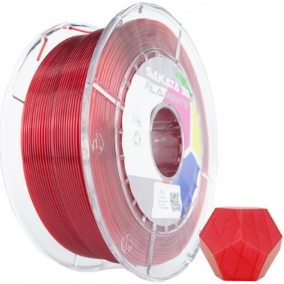 Rolo de filamento para impressora 3D vermelho com embalagem transparente e objeto vermelho geométrico ao lado.