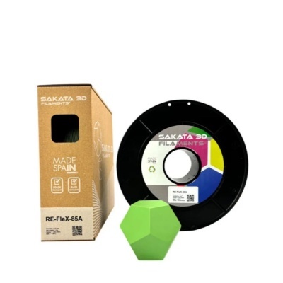 Bobina filamento impressão 3D preto SAKATA 3D e objeto verde geométrico