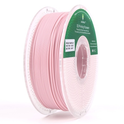 Rolo de filamento rosa claro para impressão 3D PLA em embalagem transparente com rótulo verde.