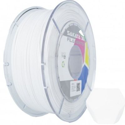 Bobina de filamento 3D branca da marca SAKATA com etiqueta colorida