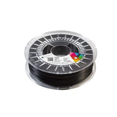 Rolo de fio preto para impressora 3D PETG com etiqueta e código QR