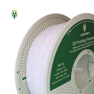 Rolo de filamento para impressão 3D PETG branco numa bobina plástica com etiqueta verde