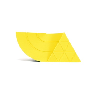 Produto amarelo com textura triangular e secções arredondadas