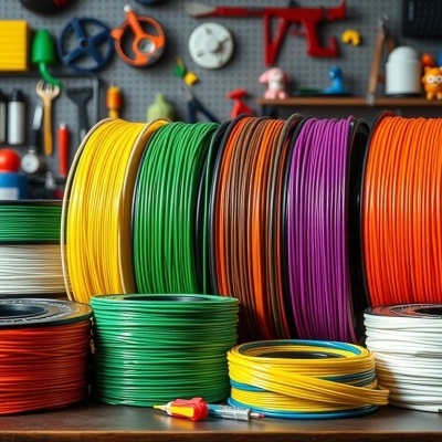 Rolos de fios de plástico coloridos organizados sobre mesa com ferramentas penduradas ao fundo