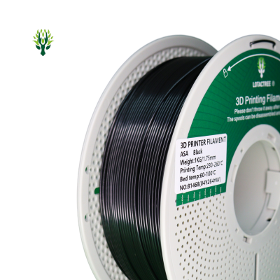 Bobina de filamento para impressão 3D preta em embalagem plástica branca com etiquetas