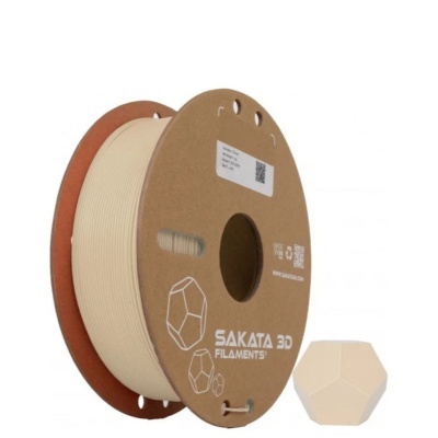 Carretel de filamento 3D bege da SAKATA 3D FILAMENTS com modelo geométrico impresso ao lado
