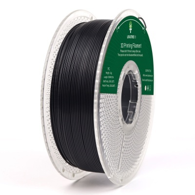 Rolo de filamento preto para impressão 3D com etiqueta verde detalhada