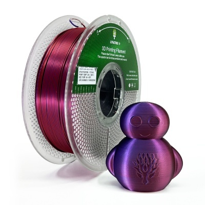 Filamento para impressão 3D metalizado roxo/vermelho com objeto impresso da mesma cor