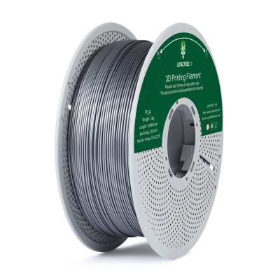 Rolo de filamento cinza para impressão 3D com etiqueta verde