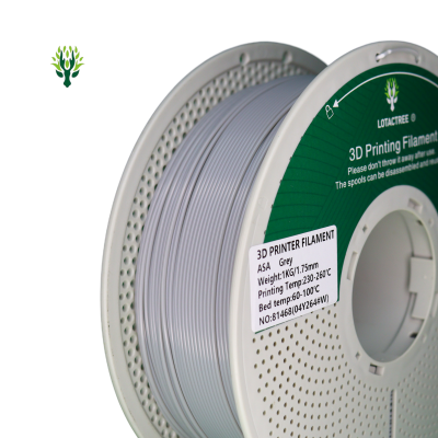 Filamento cinza para impressão 3D ASA em rolo com etiqueta com especificações de temperatura e peso