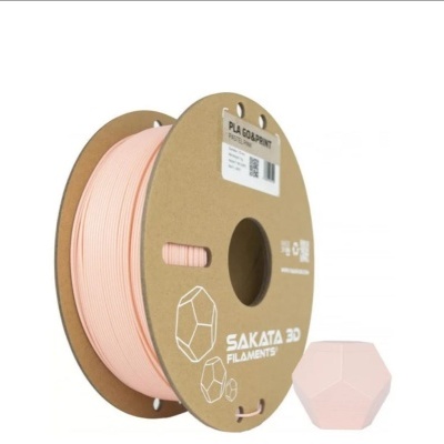 Filamento PLA rosa salmão para impressora 3D em carretel com etiqueta e figura geométrica rosa