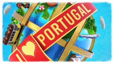 Globo terrestre ilustrado com faixa 'I ❤️ PORTUGAL' e elementos turísticos