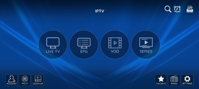 Interface IPTV com opções LIVE TV, EPG, VOD e SERIES em fundo azul