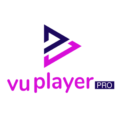 Logotipo Vuplayer PRO com setas roxa e rosa e texto colorido