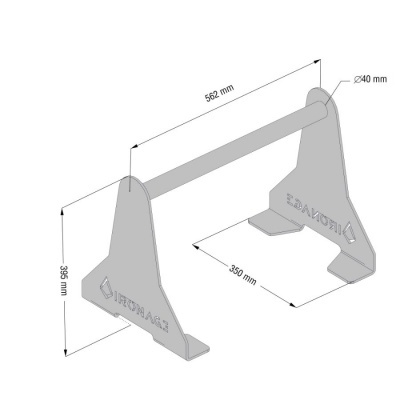 Suporte metálico cinzento com barra cilíndrica e texto IRON AGE