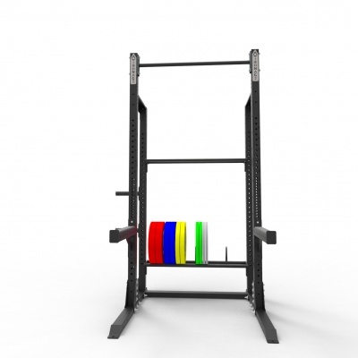 Estrutura metálica preta para levantamento de pesos com discos coloridos