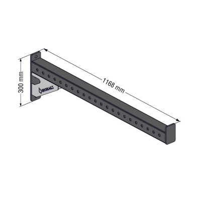 Suporte metálico preto com medidas 1168 mm por 300 mm e texto DRONAGE