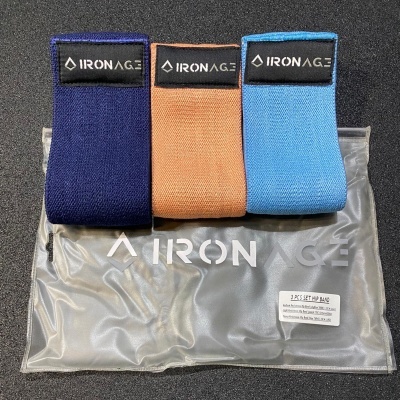 Três bandas elásticas de fitness IRON AGE azul, castanha e azul claro com embalagem transparente